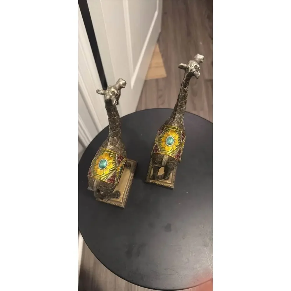 Modern Lightweight Bronze Patina Giraffe Statues Jeweled Saddles Set of 2